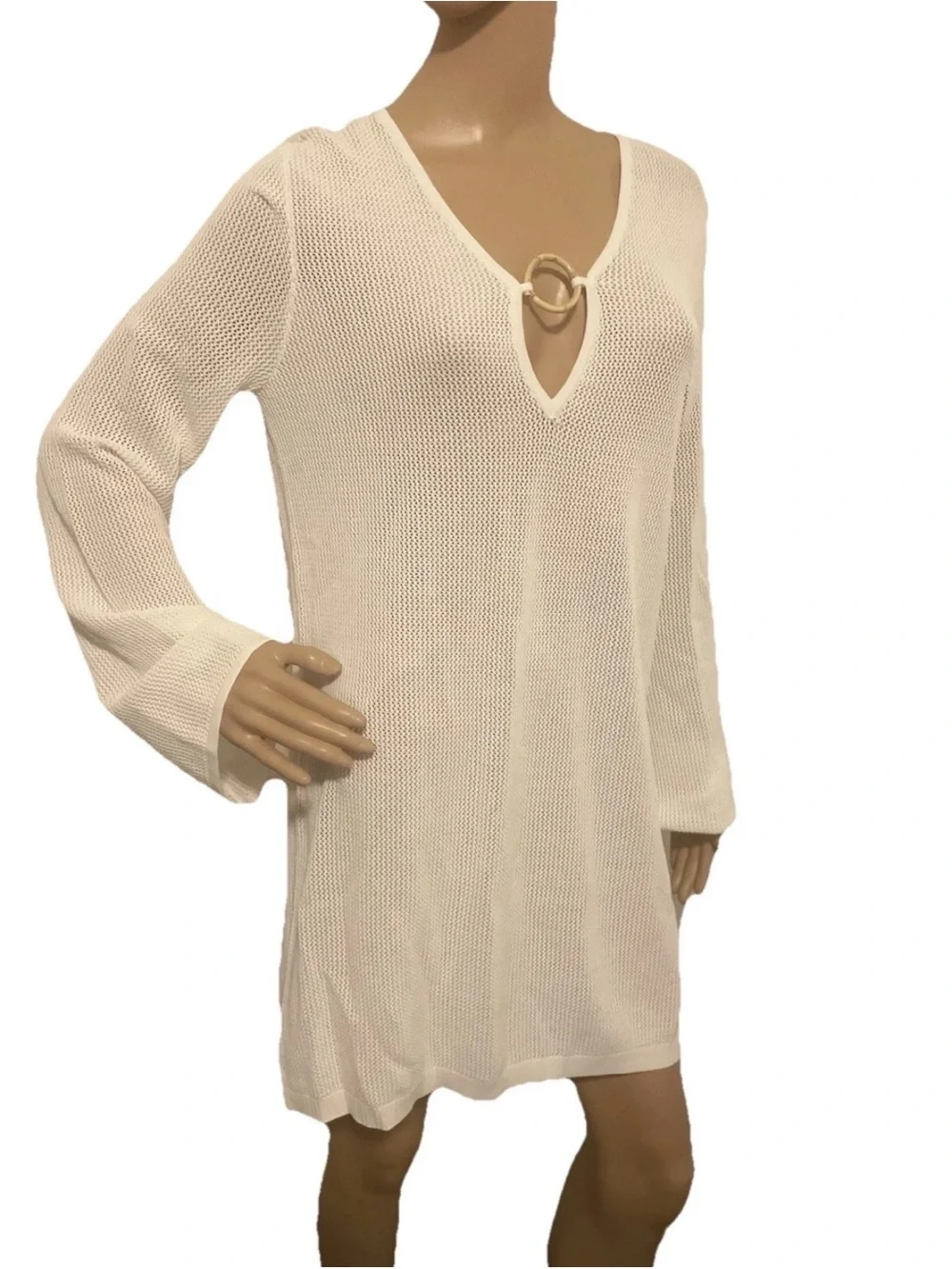 House of Harlow 1960 White Mesh Knit Swim Cover Up Mini Dress XS Boho Bamboo